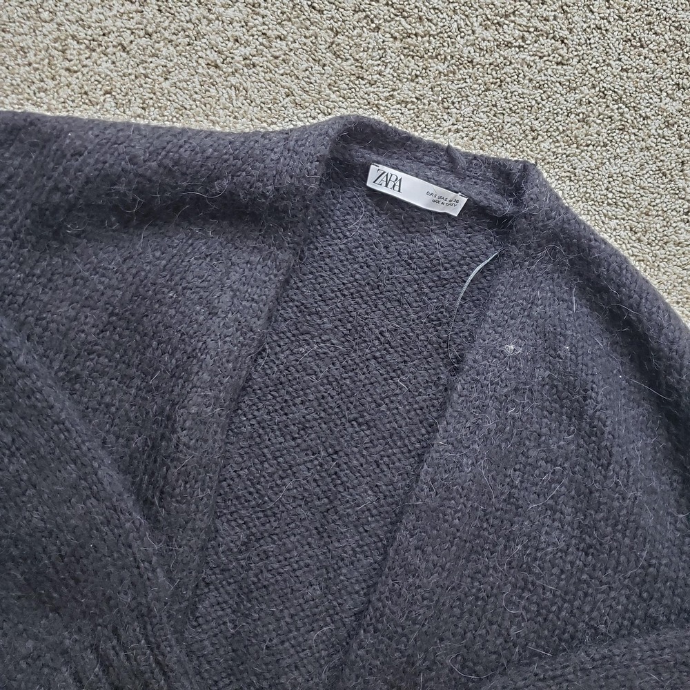 Zara Cardigan Sweater Womens‎ S Black Chunky-Knit Mohair Wool Blend Open